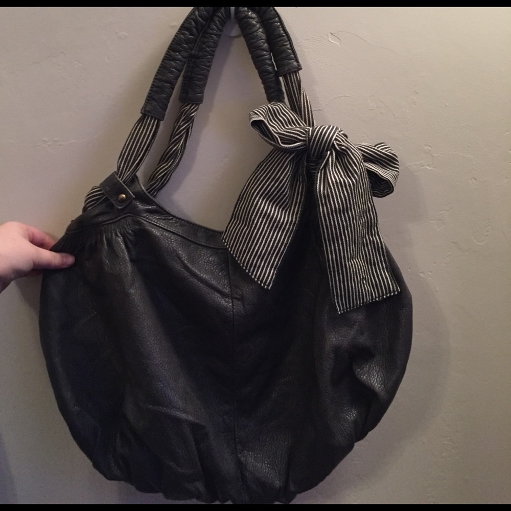 Gray Purse with navy & white ribbon bow