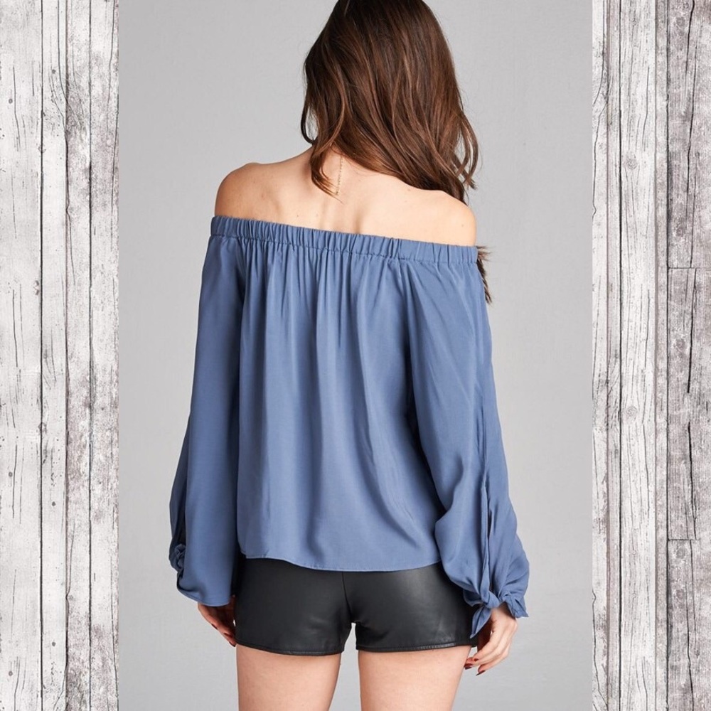 Blue Off Shoulder Tie Long Sleeve Top - Picture 3 of 5