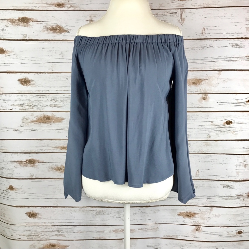 Blue Off Shoulder Tie Long Sleeve Top - Picture 2 of 5