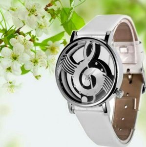 New! White Leather Music Note Transparent Watch