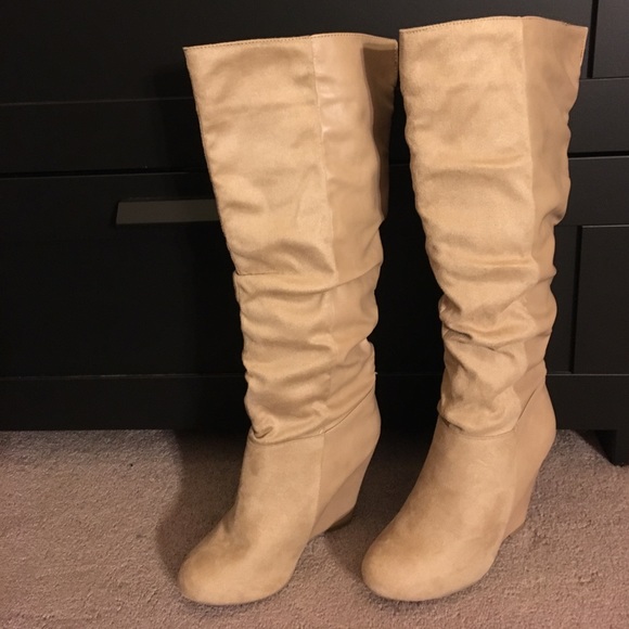 Shoes - Tan leather and suede wedge knee high boots