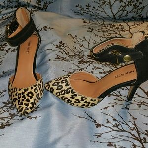 Nine West 3.5 inch strap heels faux leopard hair ,