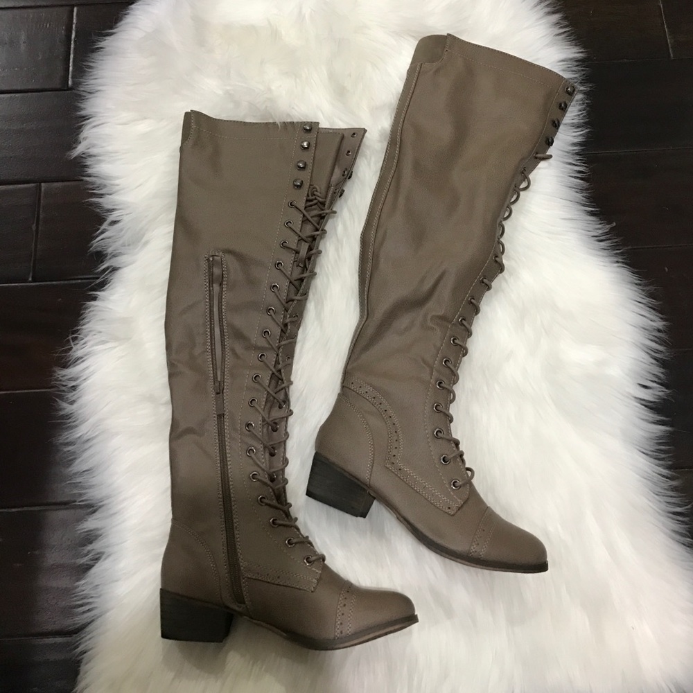 Beige Knee High Oxford Lace Up Riding Boots - Picture 3 of 4