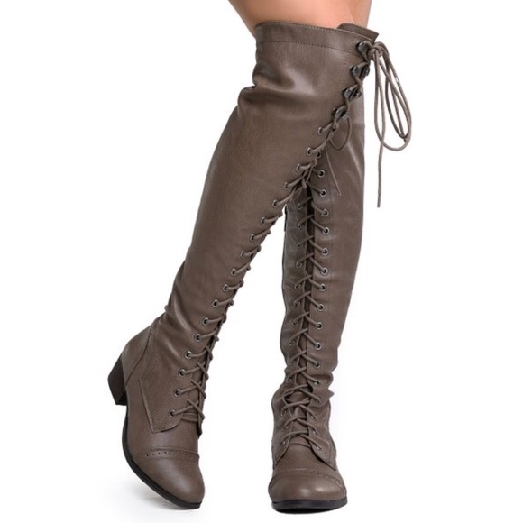 Beige Knee High Oxford Lace Up Riding Boots - Picture 2 of 4