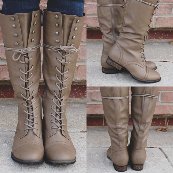 Beige Knee High Oxford Lace Up Riding Boots - Picture 4 of 4