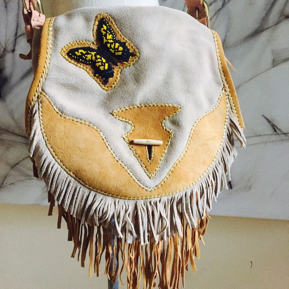 Handmade Suede Fringe Boho Purse with Butterflies