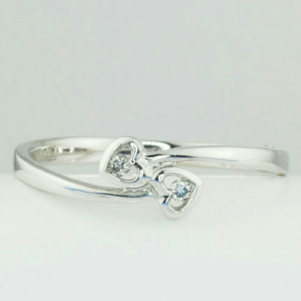 10K White Gold Two Hearts Diamond Ring Size 7.5