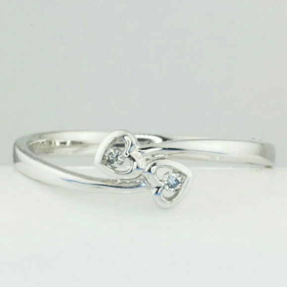 10K White Gold Two Hearts Diamond Ring Size 7.5