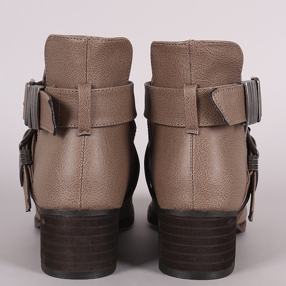 Beige Double Buckle CrissCross Cutout Ankle Boots - Picture 3 of 4