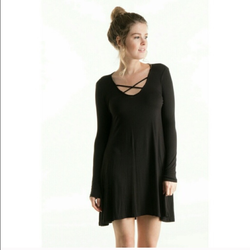 LAST ONE! Black Long-Sleeve Criss Cross Swing Dres
