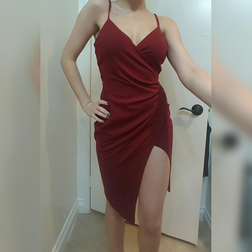 Lauriell Burgundy Wrap Front Midi Dress