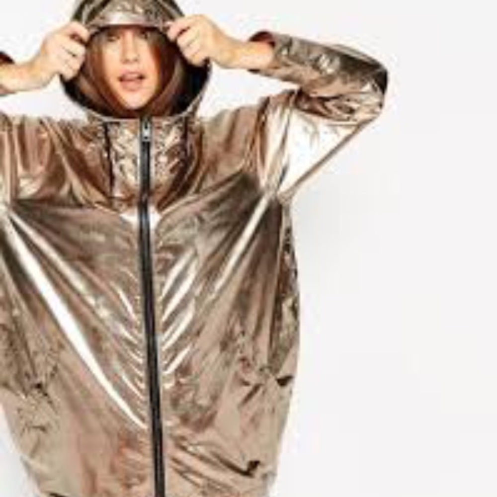 ASOS METALLIC GOLD RAIN MAC COAT HOODED SIZE 10 US