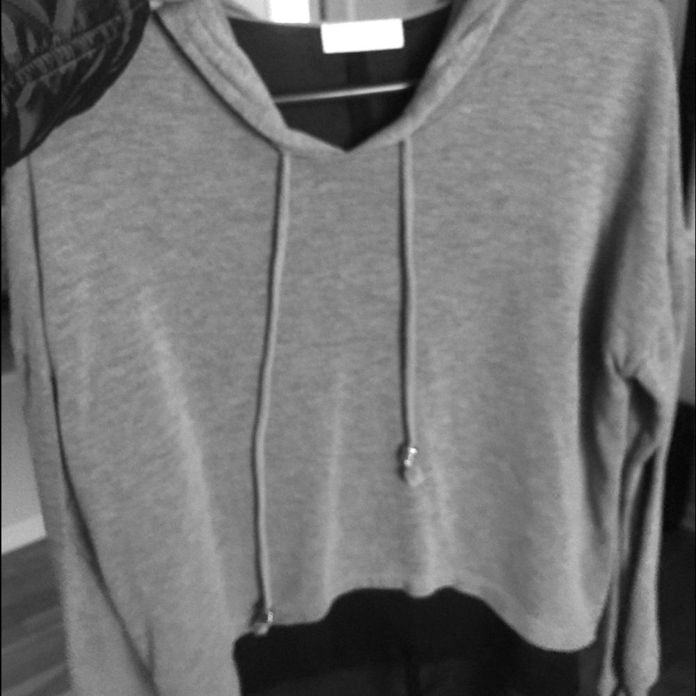 Grey hooded sweater with black chiffon