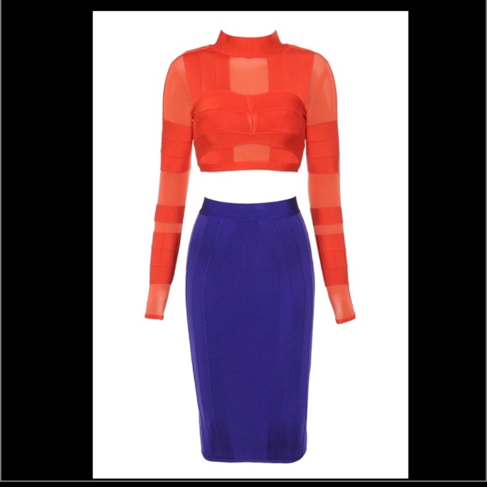 ORANGE AND PURPLE BANDAGE AND MESH TWO PIECE