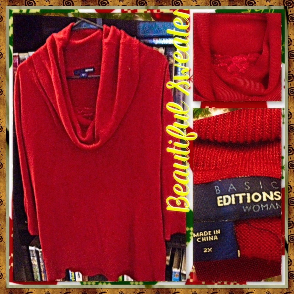 Basic Editions Red Acrylic Cowl 3/4 Sleeve Sweater