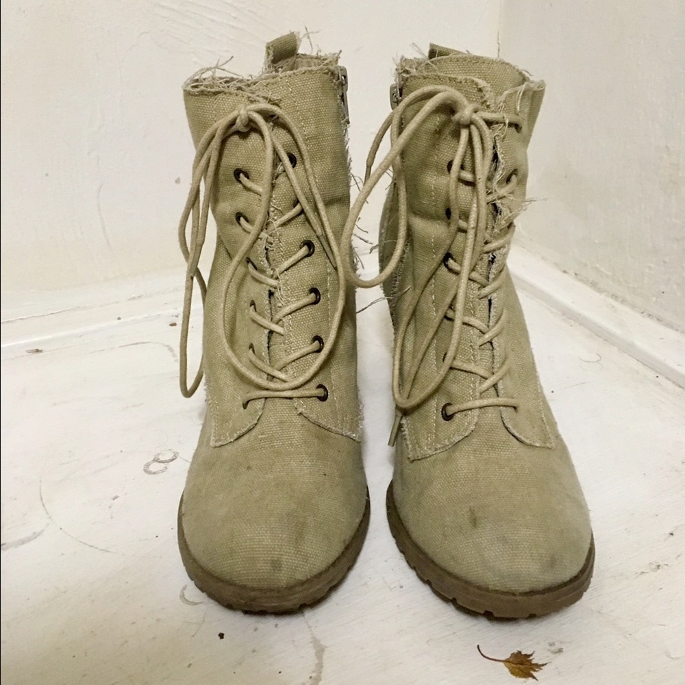 Tan canvas lace up booties