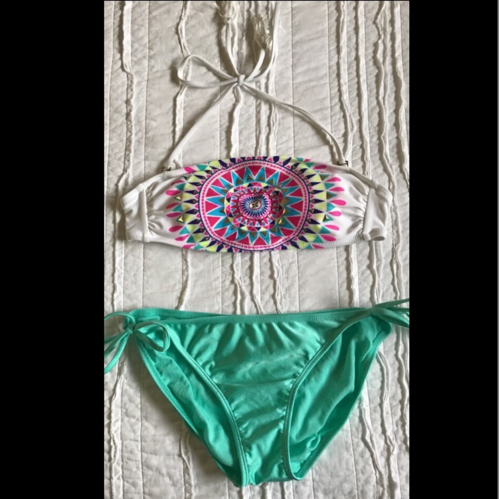 Green, white, and pink halter strap bikini
