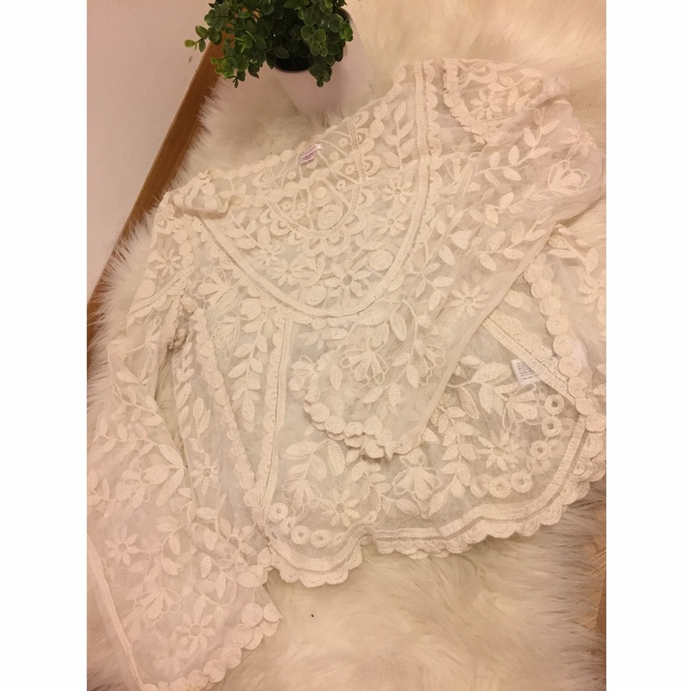 Cream see through long sleeve shirt