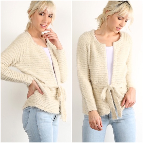 THICK FURRY CARDIGAN WITH WAIST TIE - Picture 2 of 8