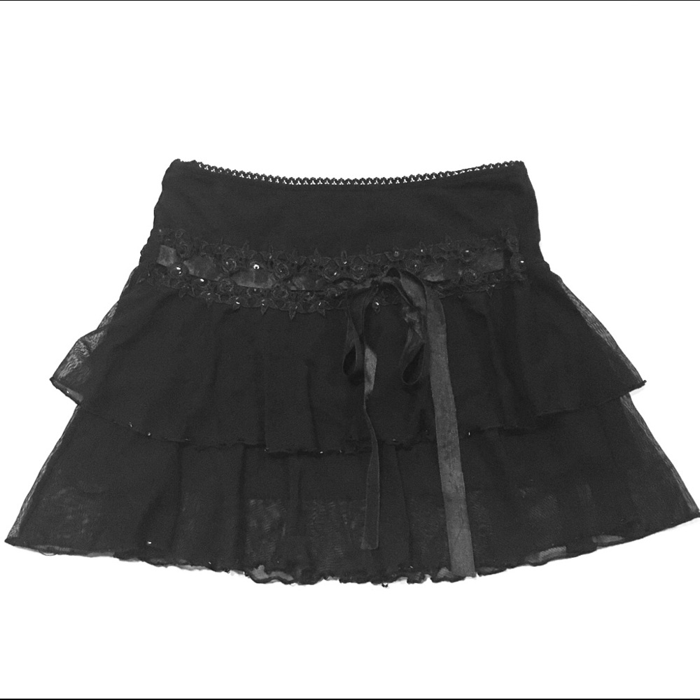 Black Mini Skirt - Sheer Overlay & Beaded Trim