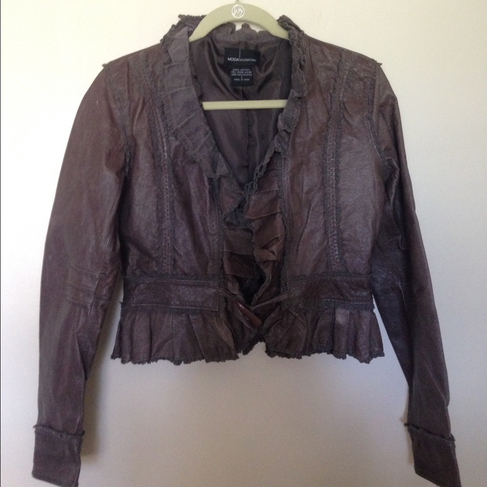Moda International leather like ruffle jacket