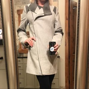 CK asymmetric faux leather trim wool coat