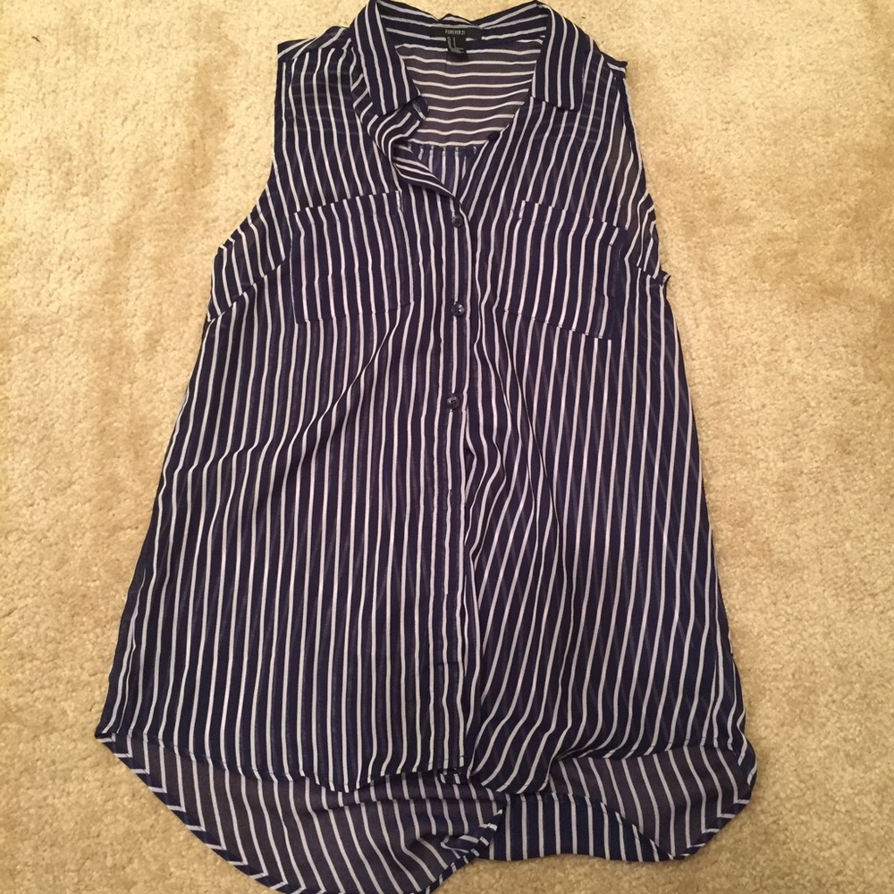 Blue and white striped sheer tank