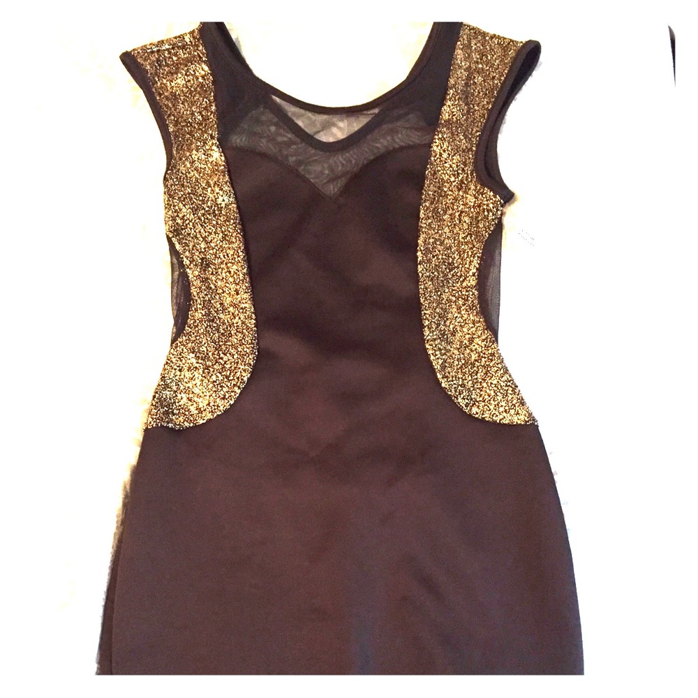 Black & Gold Mesh Back Evening Dress