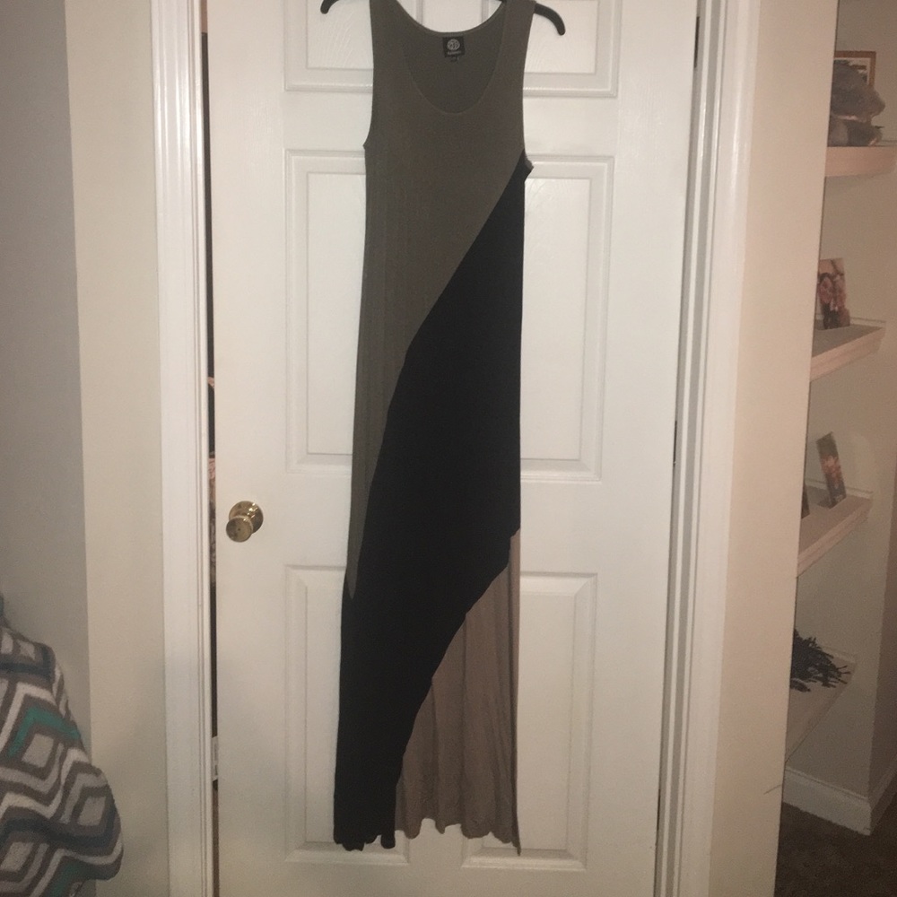 Olive, black, and tan maxi dress