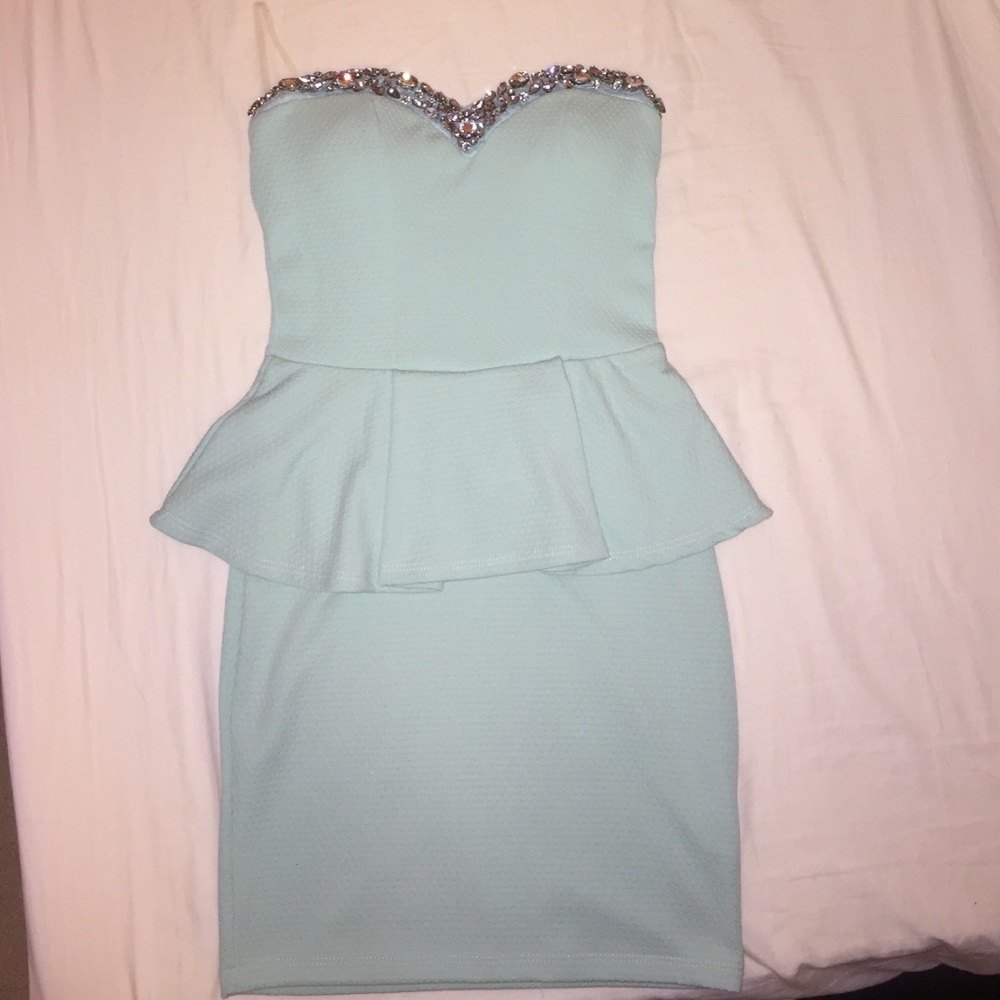 Aqua blue turquoise peplum strapless dress