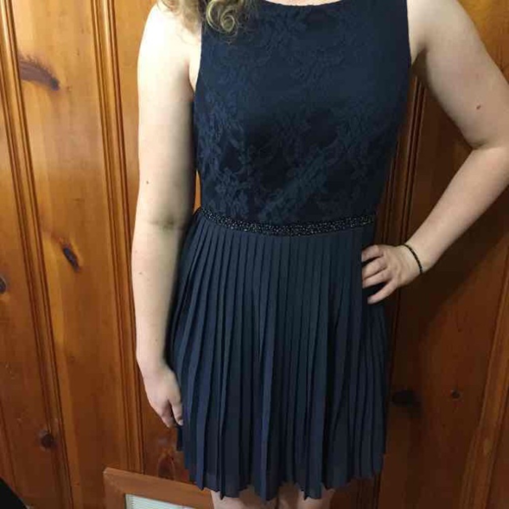 Navy Blue sleeveless dress, beaded at the waist