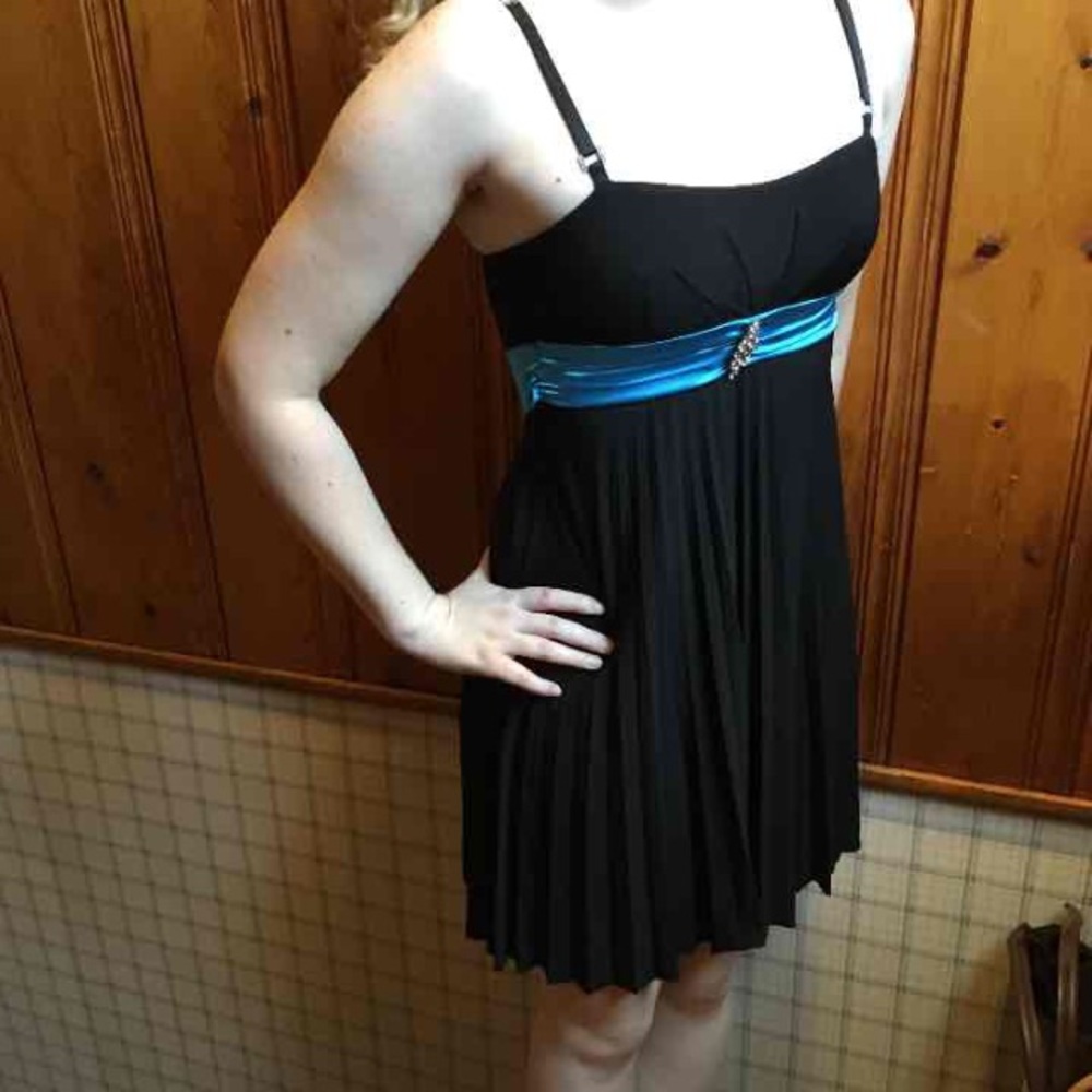 Black Party Dress with blue satin belt