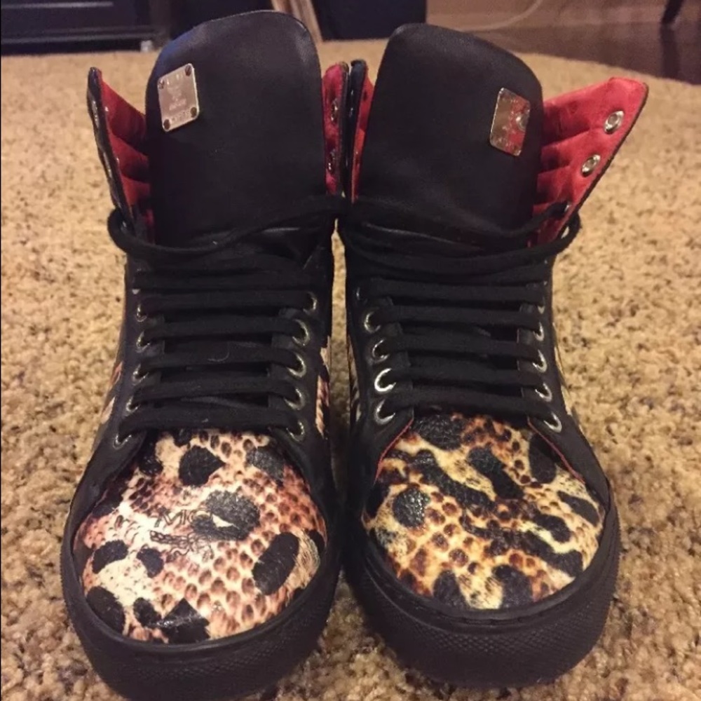 MCM Leopard and Black Combo Leather Hi Top Sneaker