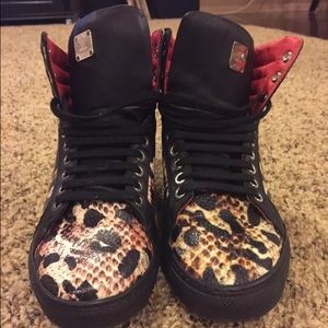 MCM Leopard and Black Combo Leather Hi Top Sneaker