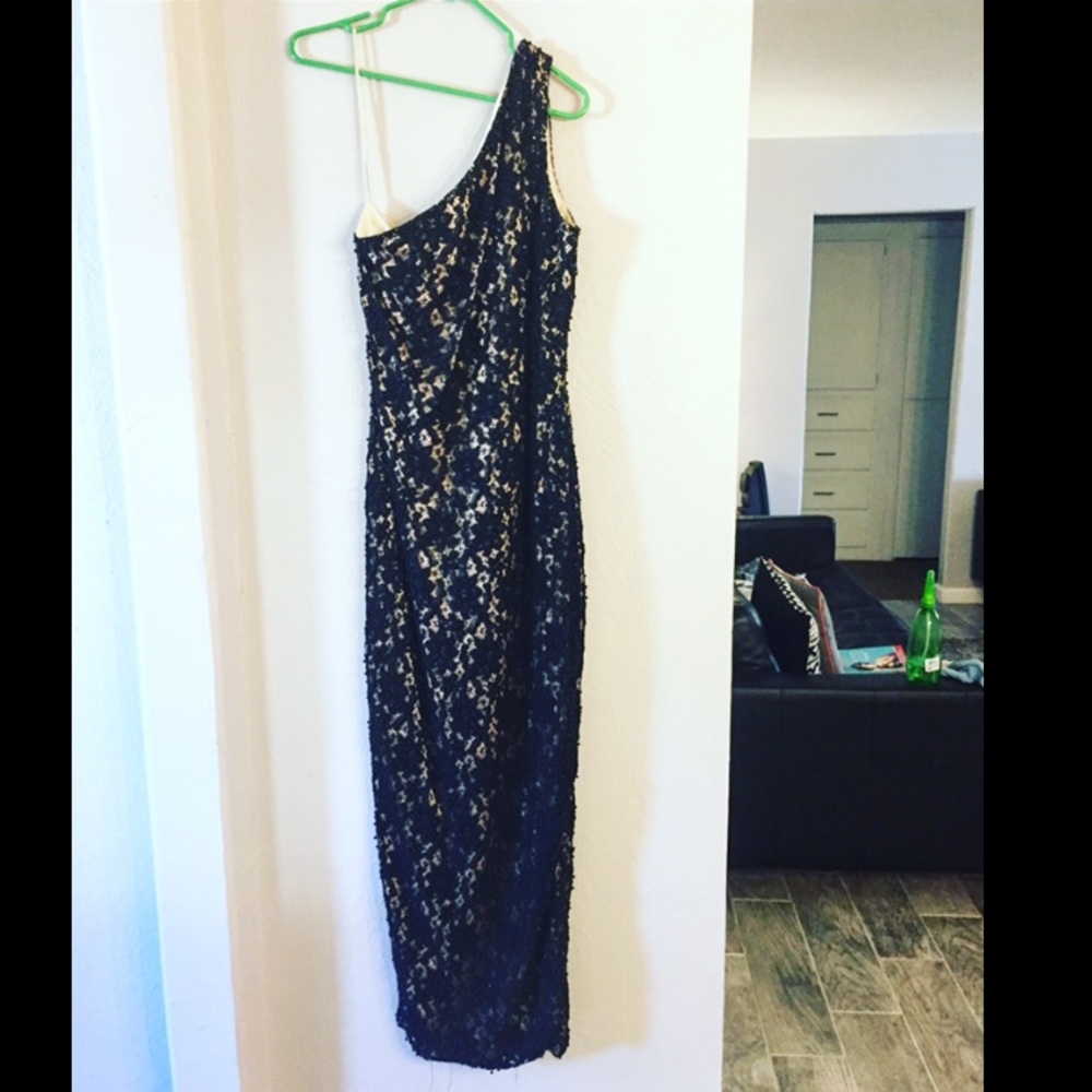 Black lace beaded one shoulder gown