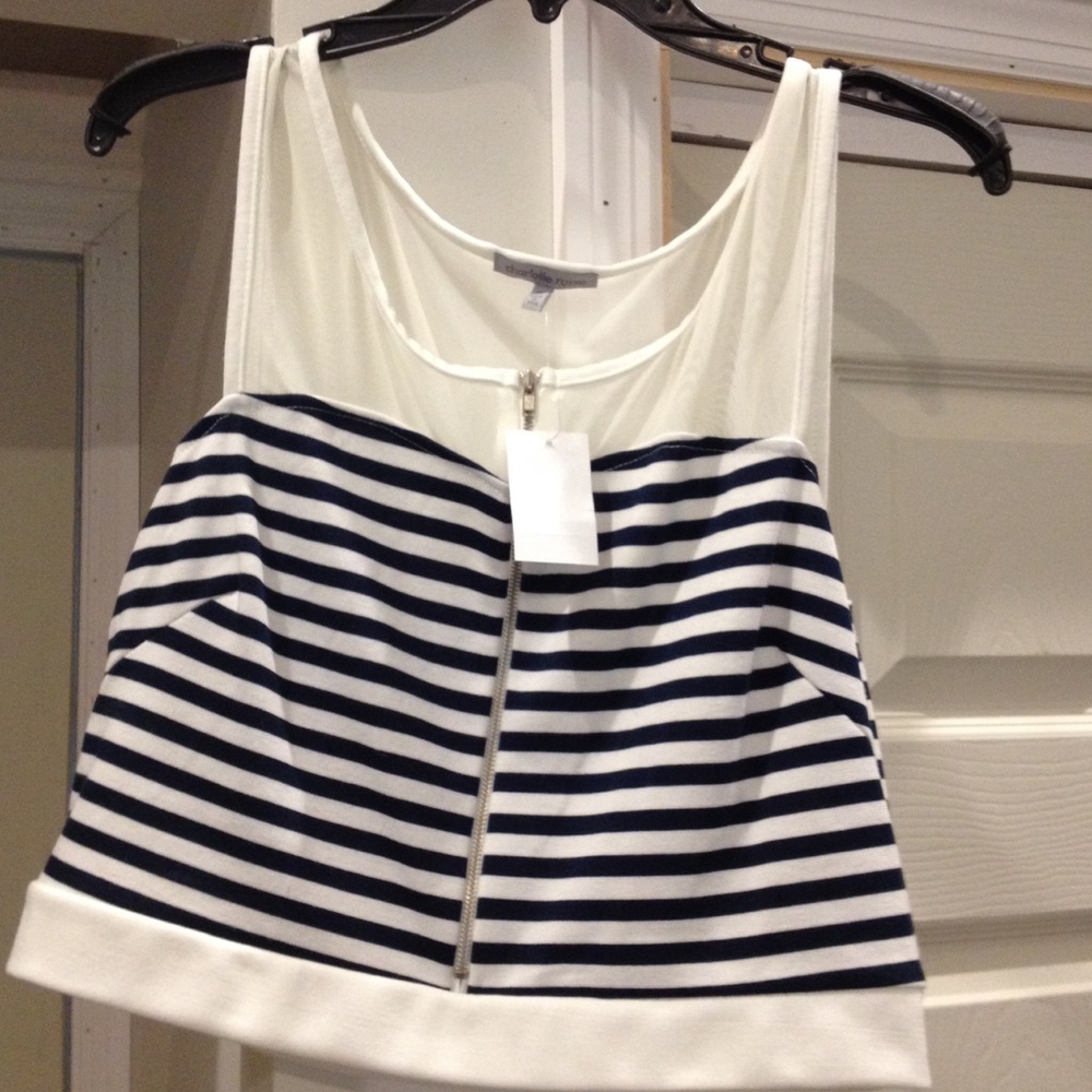 White and Navy Blue striped zip-up crop top