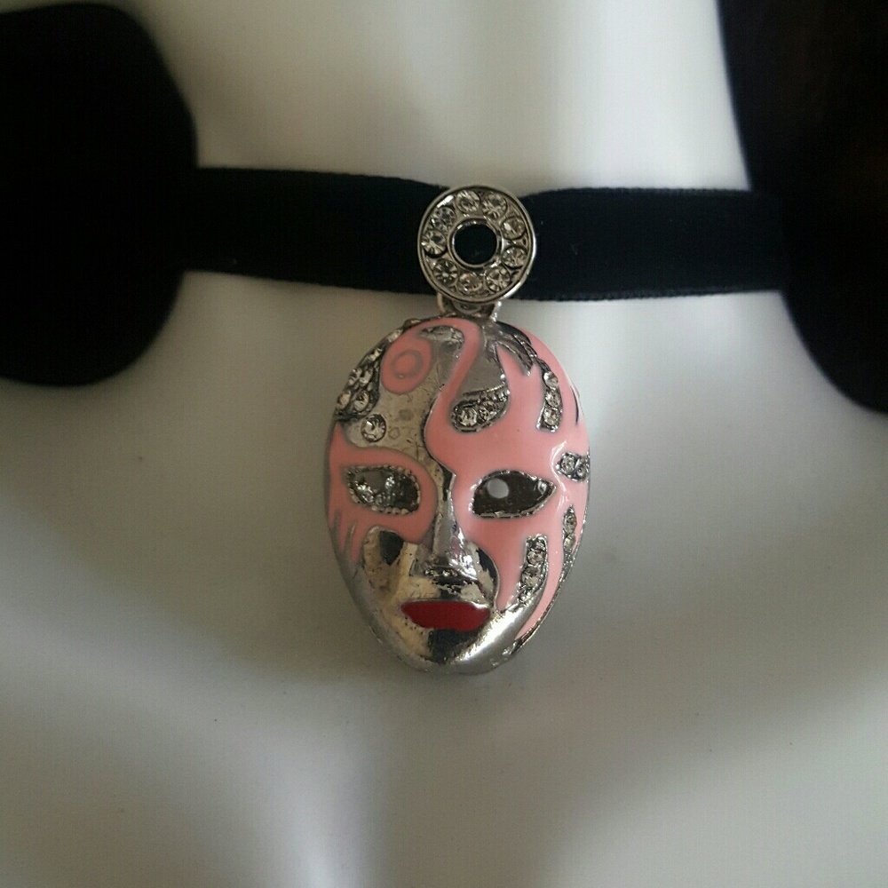 Swarvoski crystal pink mask black velvet choker