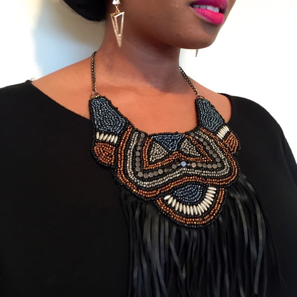 Beaded Leather Necklace Fringe Leather - Picture 2 of 3