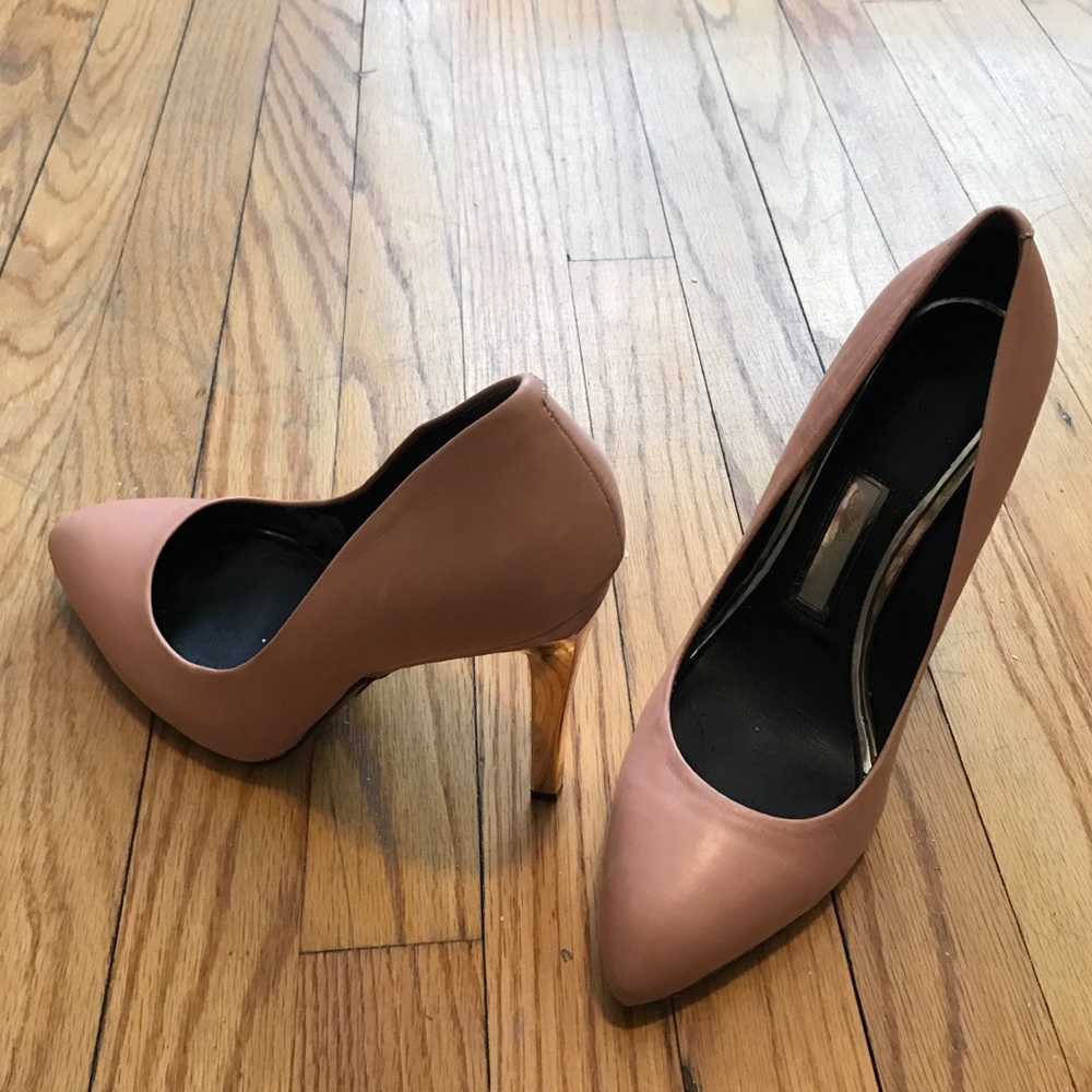 Rose gold nude pumps with almond toe