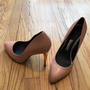 Rose gold nude pumps with almond toe