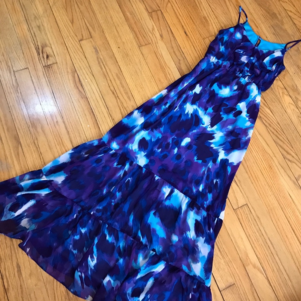 Watercolor blue and purple maxi dress