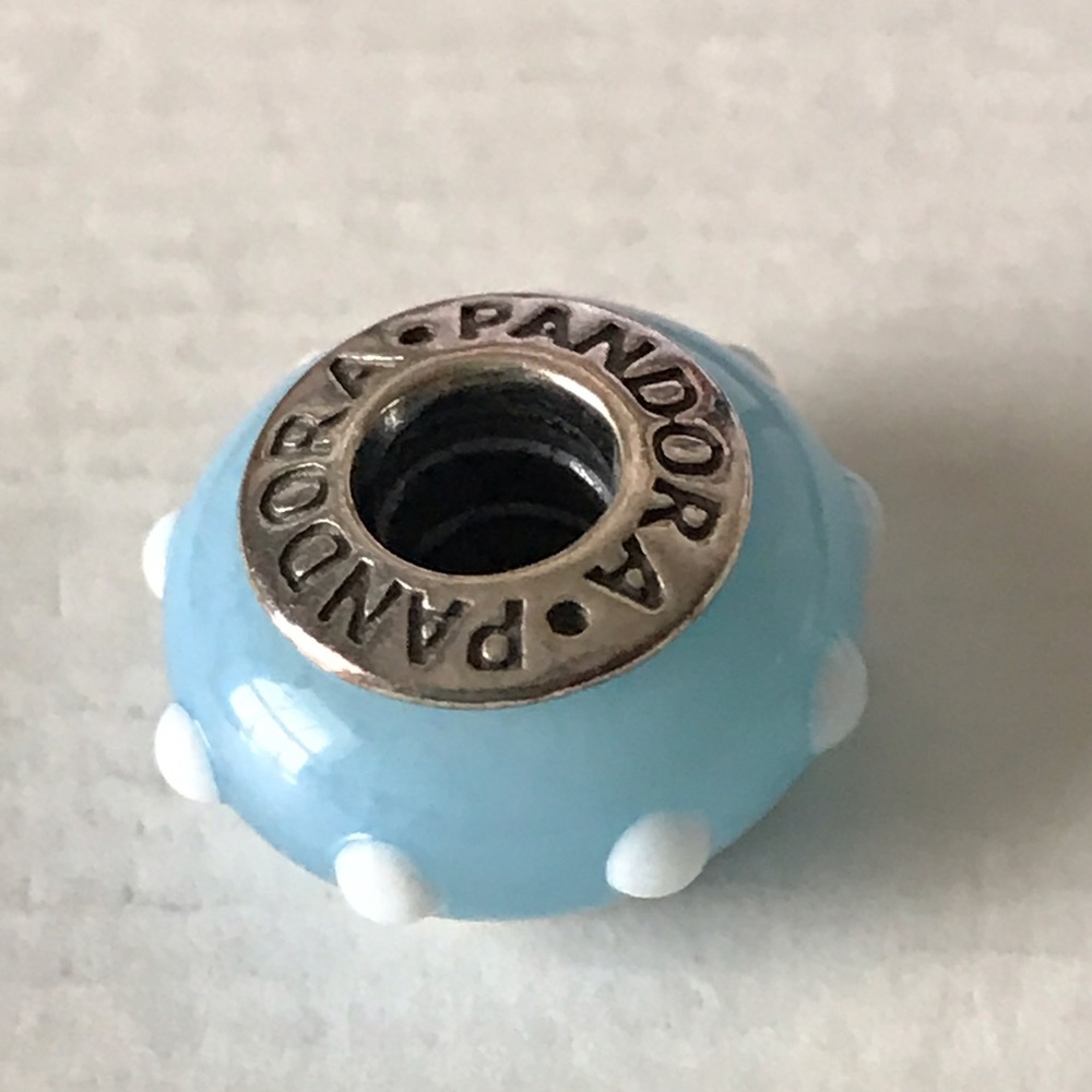 Pandora light blue and white dotted murano bead
