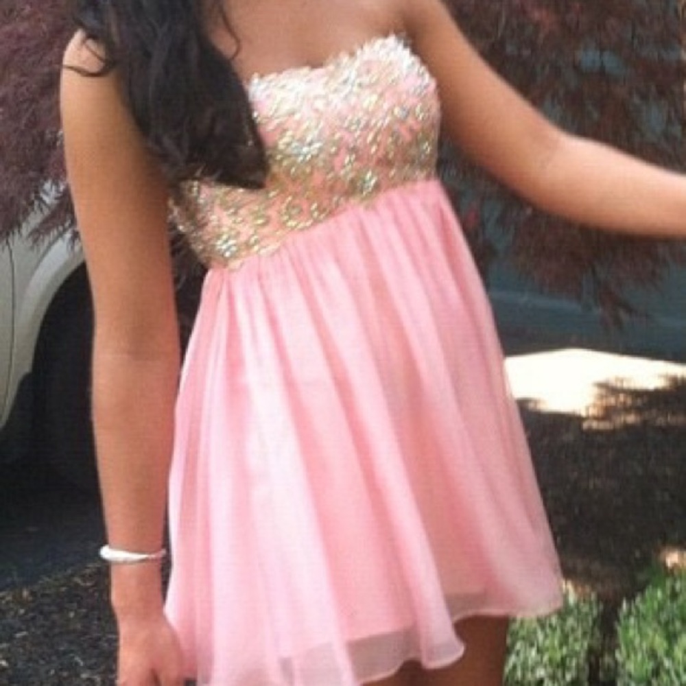 La femme cotton candy pink strapless prom dress