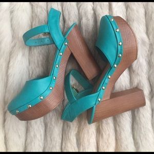 Chunky, Studded, Wooden Platform Heel. Aqua.