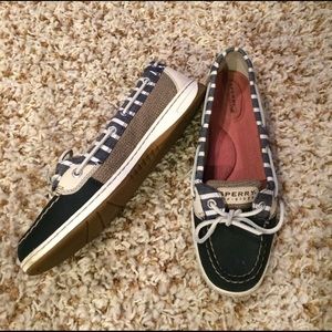 Sperry Top Sider slip on, blue and white shoes