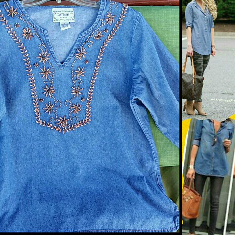 Denim tunic wood bead.