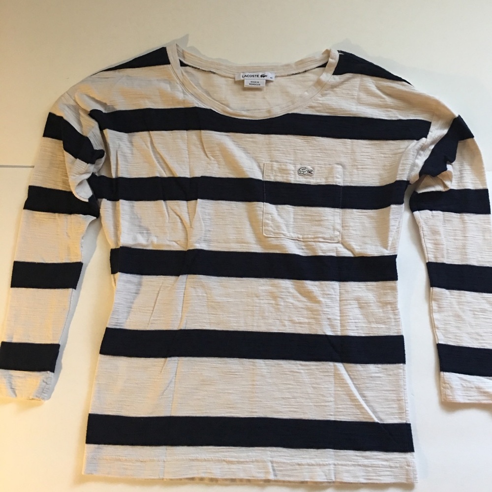 Lacoste 3/4 sleeve blue and creme stripe t-shirt