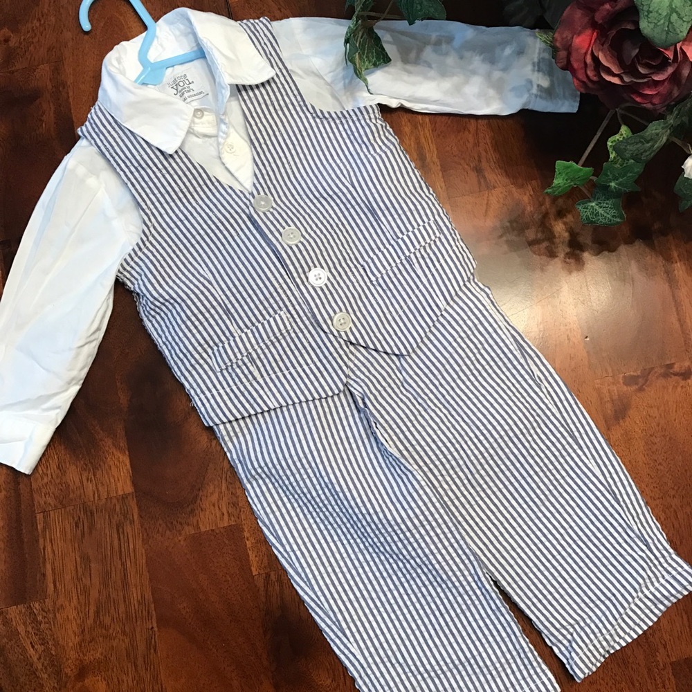 Seersucker vest, white dress onesie and pants