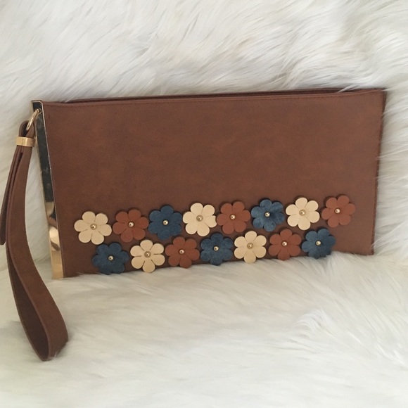 3D flower clutch bag floral tan beige faux suede - Picture 2 of 4