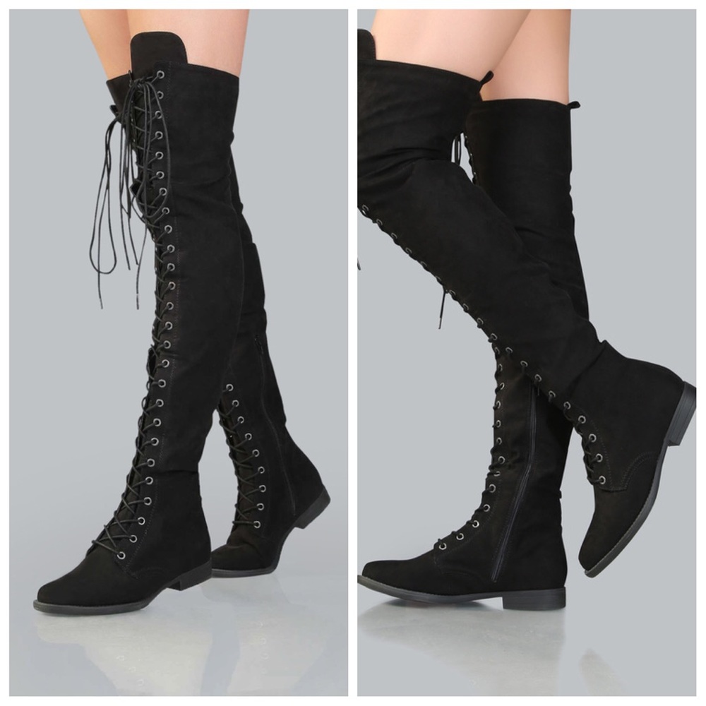 ❗️RESTOCK ❗️Black suede lace up thigh high boots - Picture 3 of 5